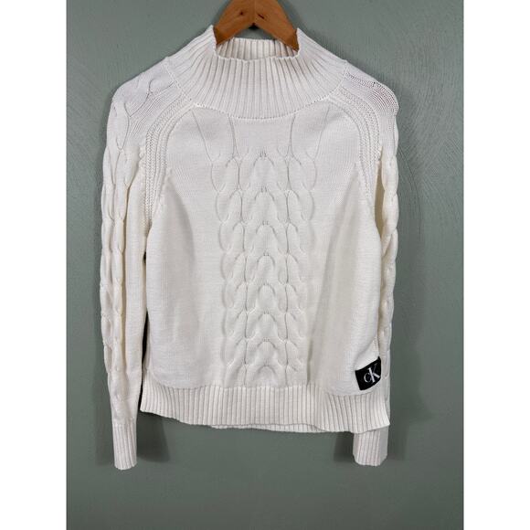 Calvin Klein Jeans Sweater Women's Size XL Cream Cable Knit Crew Neck Pullover - Picture 9 of 10
